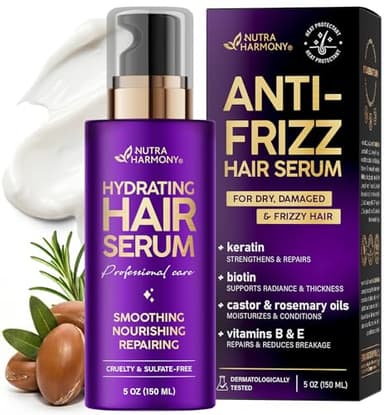 Hydrating Hair Serum for Dry & Frizzy Hair, Lightweight Leave-In Anti-Frizz Treatment, Non-Greasy Split Ends Repair with Keratin, Biotin, Castor & Rosemary Oils, Smooth Shine & Heat Protection, 5 oz