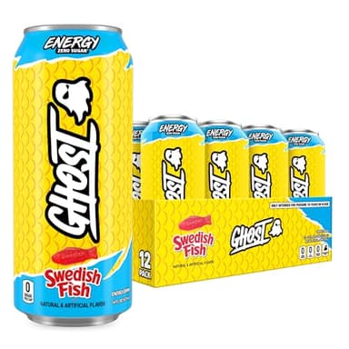 GHOST Energy Drink - 12-Pack, Swedish Fish, 16oz Cans - Energy & Focus & No Artificial Colors - 200mg of Natural Caffeine, L-Carnitine & Taurine - Gluten-Free & Vegan