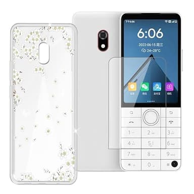 Ikiiqii for Duoqin F22 Pro (3.54") Phone Case + Tempered Glass, Shockproof Cover Bumper Shell Soft Silicone Anti-Scratch Clear Case + 9H Hardness Screen Protector - White Flowers