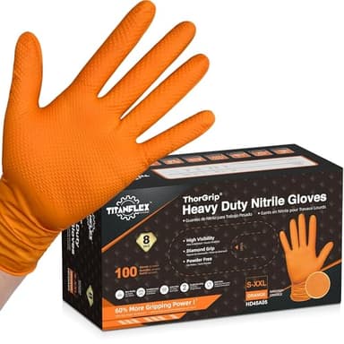 TitanFlex Heavy Duty Industrial Orange Nitrile Gloves, 8-mil, Gloves Disposable Latex Free with Raised Diamond Texture Grip, Powder Free, Rubber Glove, Mechanic Gloves,100-ct Box (XL)