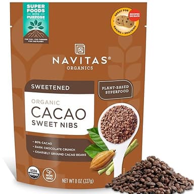 Navitas Organics Cacao Nibs – Sweetened Dark Chocolate Crunch – Antioxidants, Minerals, Fiber – For Trail Mix, Baking & More – USDA Organic, Fairtrade, Non GMO, Gluten Free, Non-alkalized (8oz. Bag 57 Servings)