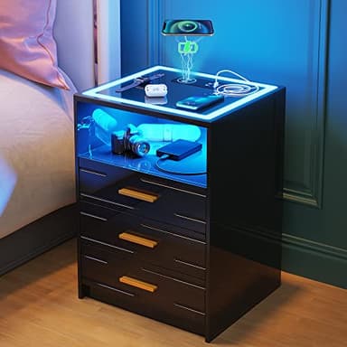 Lvifur High Gloss Nightstand with Wireless Charging Station&LED for Bedroom Black,Bedside Table with 3 Color Dimmable Auto Sensor & USB & Type-C Ports and 3 Drawer for Office