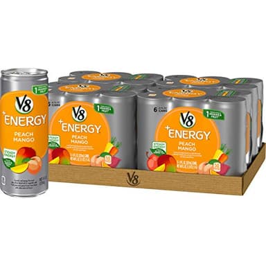 V8 +Energy, Juice Drink with Green Tea, Peach Mango, 8oz. Can (4 Packs of 6, Total of 24)