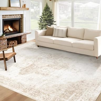Area Rug 6x9 Washable Rug, Vintage Boho Medallion Rugs Non-Slip Soft Low Pile Large Distressed Rug Indoor Retro Carpet for Living Room Bedroom Dining Room Home Office (Beige, 6'x9')