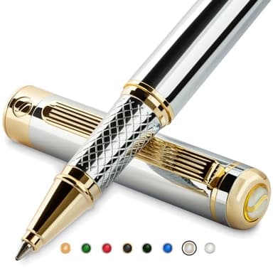 Scriveiner Silver Chrome Rollerball Pen - Stunning Luxury Pen, Real Gold Plating, Schmidt Ink Refill, Best Roller Ball Pen Gift Set for Men & Women, Professional, Executive Office, Fancy Pens