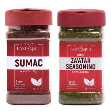 Sumac and Zaatar Set, Sumac Spice 6.4oz + Zaatar Spice 6.4oz, Twin Pack, Essential Duo, Za'atar Seasoning for Breads, Salads, Meats, Hummus, Ground Sumak and Zatar