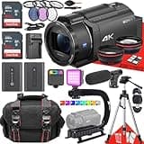 Sony FDR-AX43 UHD 4K Handycam Camcorder + RGB LED Video Light + 2PC 64 GB Memory + Extra Battery + Filters + Shotgun Video Microphone + U-Grip Handle + More (29pc Bundle)