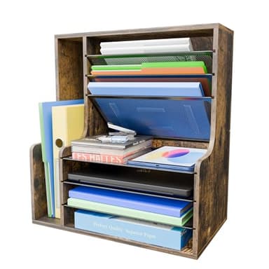 Simple Trending 7 Tier Desk File Organizer, Wooden Letter Tray Paper Organizer with Adjustable File Holder, Mesh Desktop Organizer and Storage for Office Supplies