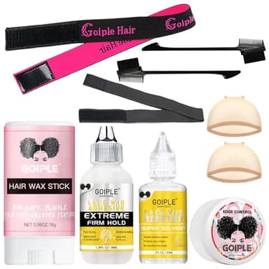 Wig Glue 1.28OZ, Waterproof Lace Front Adhsive for Wigs with Tools and Hair Wax Stick (Lace Adhesive/Wig Glue Remover/Wax Stick/Edge Control Wax/Elastic Band/Hair Dual Drush/Wigs Caps)