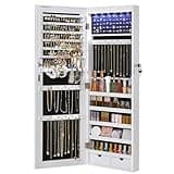 SONGMICS Hanging Jewelry Cabinet, Wall-Mounted Cabinet with LED Interior Lights, Door-Mounted Jewelry Organizer, Full-Length Mirror, Gift Idea, White UJJC99WT