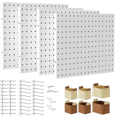 Spampur Peg Board, 4 Pack Metal PegBoard Organizer with Accessories, White Pegboard Panels with 50 Pcs Hooks and Baskets, Wall Organizer for Office, Craft Room Organization, Garage, Sewing Room