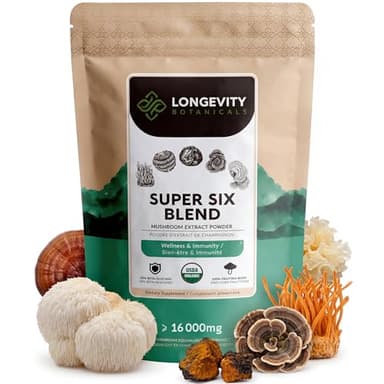 Organic Super Six Powder Mushroom Blend Supplement 100g | Fruiting Body Extract Complex | Lions Mane, Turkey Tail, Cordyceps, Reishi, Chaga & Tremella | 35% Beta-D Glucans | Overall Wellness Support