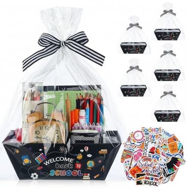 RattanView 16 Pcs Welcome Back to School Gift Baskets Empty Teacher Appreciation Gift Baskets with Handle Transparent Bags Cute School Stickers and Bows Ribbon for Kids Classroom Party Favor