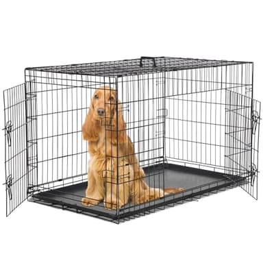 Sweetcrispy 48 Inch Dog Crate, Medium Large Crates Double Door Folding Metal Wire Dog Cage with Plastic Leak-Proof Pan Tray, Pet Kennel for Indoor, Outdoor, Travel