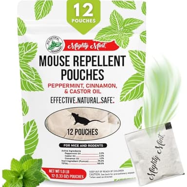 Mighty Mint Mouse Repellent Pouches – Peppermint, Castor Oil & Cinnamon Formula – Natural Indoor Deterrent for Mice and Rodents – Plant-Based, Long-Lasting Protection – 12 Count