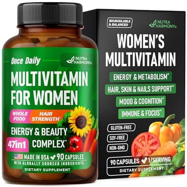 Multivitamin for Women - B-Complex | Whole Foods | Hair Growth Support | Digestion & Metabolism | Iron - 47in1 Womens Multivitamin - Bioavailable & Gentle on Stomach - Made in USA - 90 Capsules