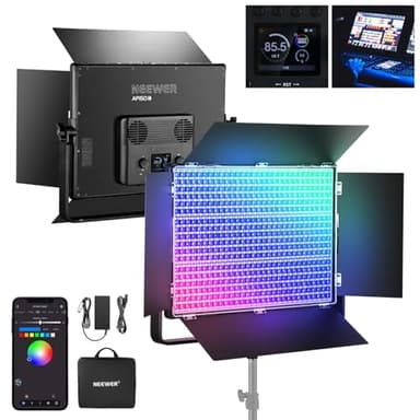 NEEWER 150W RGB LED Panel Video Light Kit with Barn Doors, 1800 LEDs 42500Lux/0.5m 2500K-10000K CRI96+/TLCI97+ 0-100% Dimming, APP/2.4G/Panel/DMX Control for Pro Studio Gaming Lighting, AP150C