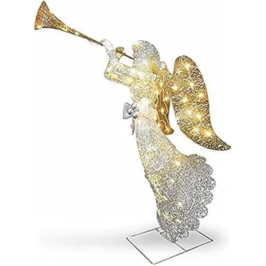 48" Sisal Glitter Angel Silver with Gold Wings and White LED Lights Decoration