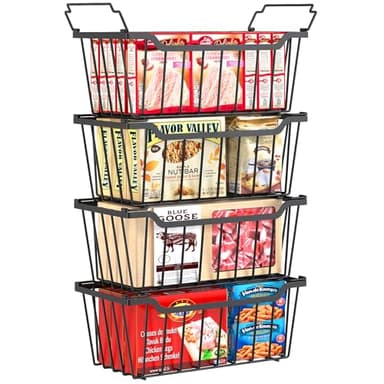 SUNALLY Freezer Organizer Bins, 4 Pack Stackable Chest Freezer Organizer for 5-7 Cu.FT Deep Freezer Sort Frozen Meats and Food, Freezer Storage Baskets with Handles Easy Reach from Bottom, Black