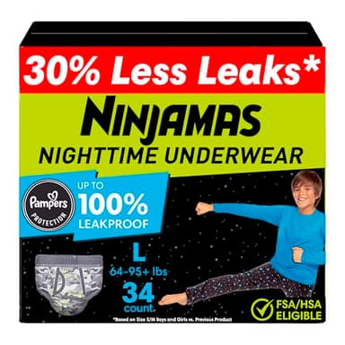 Ninjamas Boys Bedwetting Nighttime Underwear, Size L (64-95+ lbs), 34 Count, Overnight Protection, Ultra Absorbent, Hypoallergenic