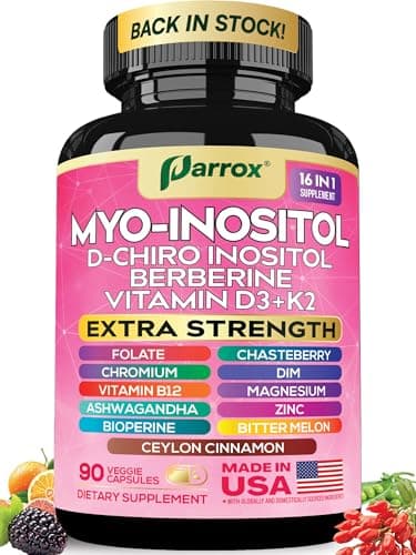 Parrox Myo Inositol Supplement, D-Chiro Inositol, Folate, DIM, Vitamin D3, B12, K2, Chromium, Bioperine, Ceylon Cinnamon, Zinc, Ashwagandha, Chasteberry, Magnesium, Berberine (90 Vegan Capsules)