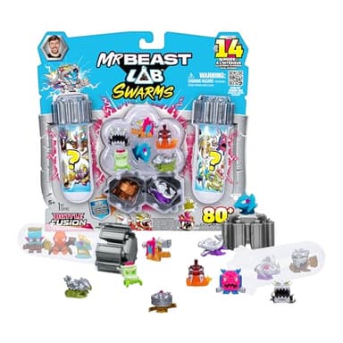 MrBeast Lab Swarms Battle Fusion Series Mega Lab Pack – Includes 14 Micro Beasts with Ultra Rare Hammerhead, 80+ to Collect, Stickers & Stackable Fusion Caps for Display