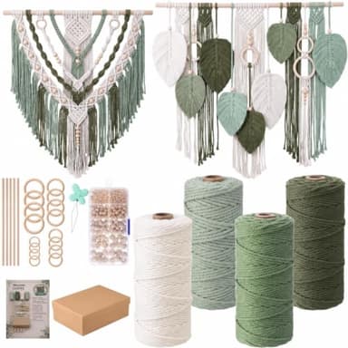 Rivvlive Macrame Kit for Adults Beginners 249 Pcs, 436yd 3mm Cotton Macrame Cord Wood Rings Dowels and Beads Needle Threader Gift Box & Digital Instruction Book for Bohemian Decor Craft Projects