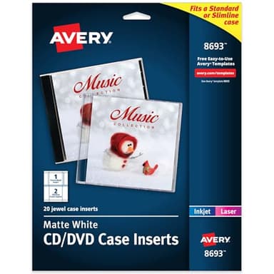 Avery Printable CD Jewel Case Inserts, Matte White, Laser & Inkjet Printer Compatible, 20 Standard and Slimline Inserts, Ideal for CDs, DVDs, Presentations, Portfolios, and More (8693)