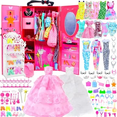 BJDBUS 127 Pcs Doll Wardrobe with Clothes and Accessories, Closet Set for 11.5 Inch Girl Doll Storage Wedding Gown Fashion Dresses Skirts Tops Pants Outfits Bikini Swimsuits Hangers Shoes Other Stuff