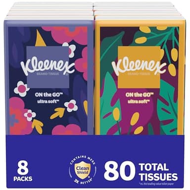 Kleenex On-The-Go Facial Tissues, 8 On-The-Go Packs, 10 Tissues per Box, 3-Ply (80 Total), Packaging May Vary