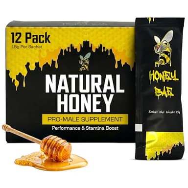Honey Bae Natural Honey Sachets, Herbal Vitality & Energy Support for Men, Pure Honey with Maca Tongkat Ali Ginseng, On-The-Go Single Serve Packets, 12 x 15g