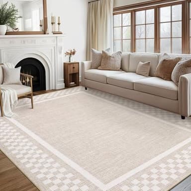 GarveeHome Washable Area Rugs 10x13 Non Slip Soft Large Living Room Rug Modern Checkered Bedroom Rug Soft Geometric Bordered Throw Carpet for Dining Room Home Decor Office Nursery, Beige