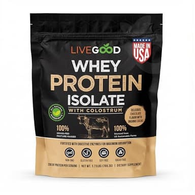 LiveGood Whey Protein Isolate with Colostrum | 20g Grass-Fed Protein with 9 Essential Amino Acids & Digestive Enzymes | Chocolate Protein Powder