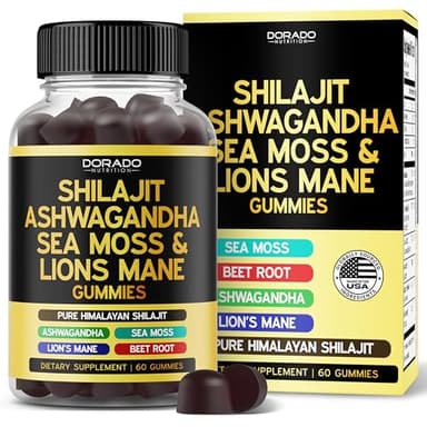 Shilajit Gummies with Sea Moss, Ashwagandha & Lions Mane - (Shilajit Supplement for Men & Women, Energy & Immunity Support ) Third Party Tested, Vegan Safe, NON GMO & Made in USA (60 Gummies)