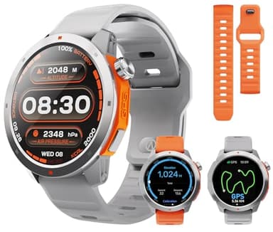AOLON GPS Smart Watch for Men, 1.43'' AMOLED Smartwatch with Compass/Barometer/Altimeter, Heart Rate/Sleep Monitor, 30M Waterproof, 60+ Sports Fitness Tracker for Android/iOS, Gray & Orange (2 Bands)