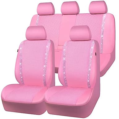 CAR PASS Bling Diamond Car Seat Covers Full Set, Shining Rhinestone Waterproof Faux Leather, Rear with Zipper, Universal Fit Automotive Glitter Crystal Sparkle Strips for Cute Women Girl, Pink