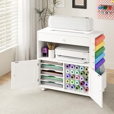 Kikihouse Craft Organizer and Storage Cart Compatible with Cricut Machine, Storage Cabinet for Cricut with Drawers, Workstation for Cricut with 30 Vinyl Roll Holder, for Home Craft Room