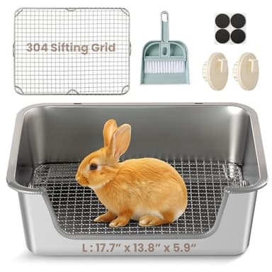 Aothey Rabbit Litter Box, Extra Large Bunny Litter Box with 304 Stainless Steel Sifting Tray & Hooks, Rabbit Litter Box, Easy to Clean and Odor Control (17.7" × 13.8" × 5.9")