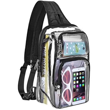 Busiuw Clear Backpack Stadium Approved with Adjustable Reinforced Straps, 3 in 1 Clear Crossbody Bag for Festivals and Games (Plus size)-Black