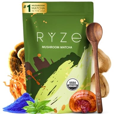 RYZE SUPERFOODS Mushroom Matcha Starter Kit, USDA Organic with 6 Adaptogenic Mushrooms and Ceremonial-Grade Matcha, Energy, Focus, Digestion, Immunity with Turkey Tail, Shiitake, Reishi (Matcha (Pack of 1))