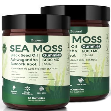 Buporai Sea Moss Gummies 16-1, Black Seed Oil Ashwagandha Turmeric Bladder Wrack Vitamin C Vitamin D3 Elderberry Manuka Dandelion Yellow Dock Apple Cider Vinegar for Men & Women