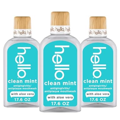 Hello Clean Mint Alcohol Free Mouthwash with Aloe Vera, 17.6 Fl Oz, Antigingivitis Gum Mouthwash with Farm Grown Mint, Fluoride Free, No Alcohol for Zero Burning, Vegan, Minty Oral Rinse, 3 Pack