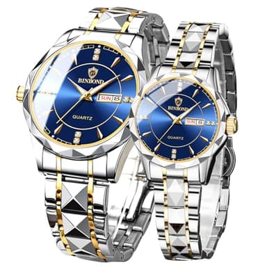 yunanwa Valentines Couple Pair Watches Men and Women Luminous Calendar Waterproof Gold Silver Stainless Steel Quartz Watch Blue Face his and Hers Watches Set Lovers Set of 2 (Blue)