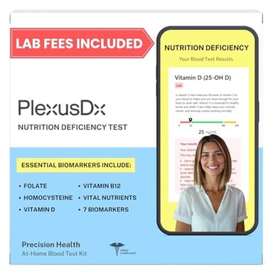PlexusDx Vitamin and Iron Deficiency Test Home Kit | 7 Vital Biomarkers | Vitamin B12, Homocysteine, Hematocrit, Folate, Ferritin, Albumin, Vitamin D Test | At Home Nutrition and Blood Anemia Test Kit