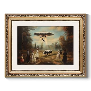ARPEOTCY Vintage Gold Framed Wall Art Decor, 11x14 Inch Funny Gothic UFO Halloween Canvas Wall Art for Living Room Bedroom Entryway, Retro Victorian Landscape Bathroom Decor Aesthetic