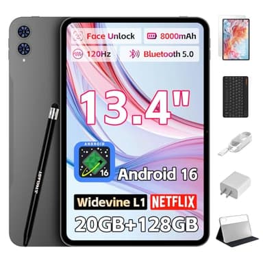 TECLAST T65 13" Best Android 16 Tablet with Keyboard Bundle, 2 in 1 Tablet with Keyboard|Case|Pen|Protective Film, 20GB RAM+128GB ROM, 120Hz, Octa-Core, 8000mAh, 4G LTE, 3.5mm Headphone Jack