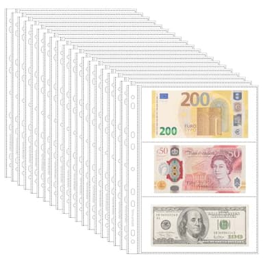 20 Sheets Currency Pages for Paper Money Collection - 3 Pockets Currency Sleeves/Currency Holder Collecting Album Pages for Paper Money Bill Banknote Coupon IN02020