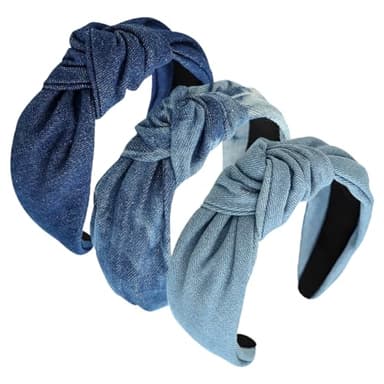 GSHLLO 3 Pcs 6cm Wide Denim Headbands Cloth Top Knot Headbands Fashion Cross Knot Hairbands Vintage Knotted Hair Bands Elastic Twist Headbands Non Slip Hair Bands