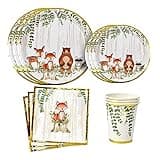 YARA 96 Piece Woodland Animals Baby Shower & Birthday Party Supplies For Boy & Girl Decorations with disposable paper plates napkins and cups of Forest Creatures Fox Theme Tableware Set Serves 24