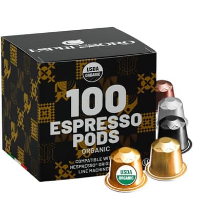 Espressoro 100 Organic Espresso Capsules - Variety Pack USDA Certified Premium Aluminum pods compatible with Nespresso Original line machines. Made in Italy.